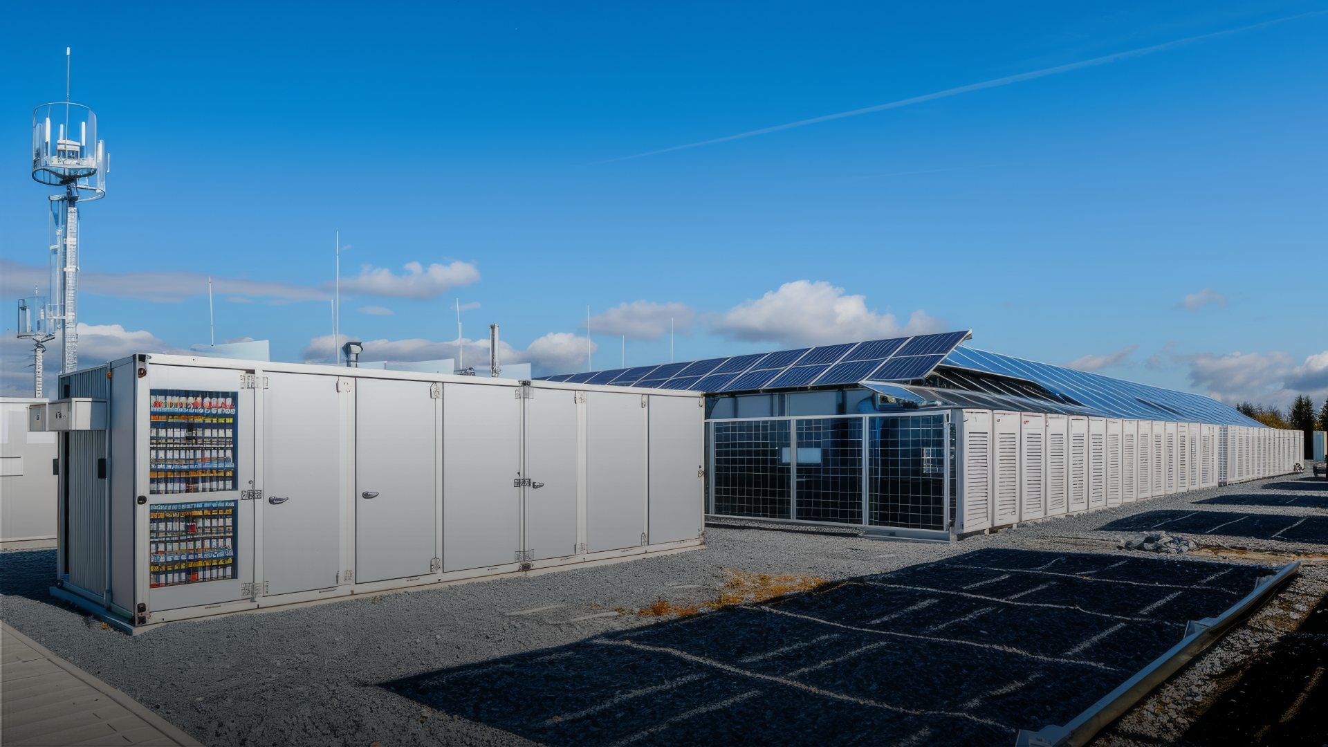 Energy storage, with solar panels around.