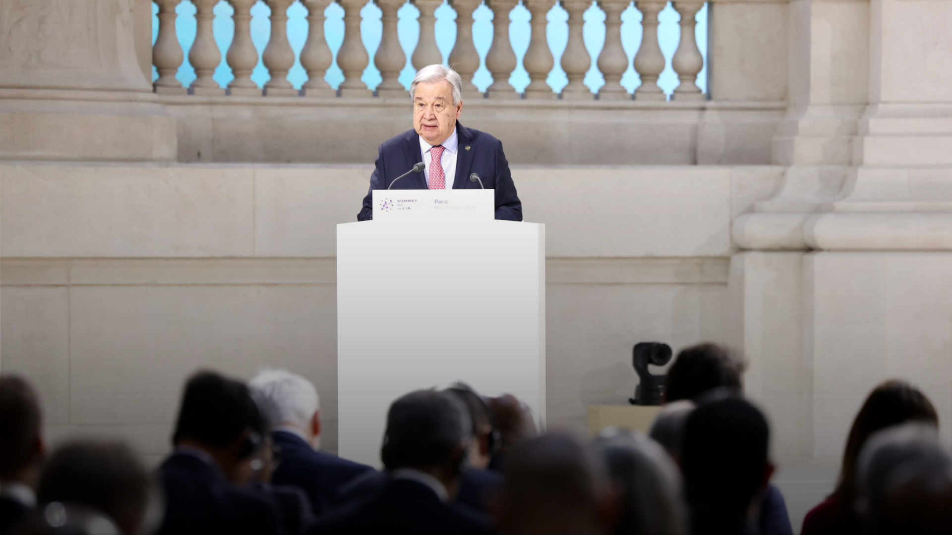 UN Secretary-General António Guterres at the AI Action Summit in Paris, emphasizing the need for global cooperation and governance to harness AI’s potential.