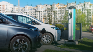 Electric vehicles at a charging station, used for representation purposes only.