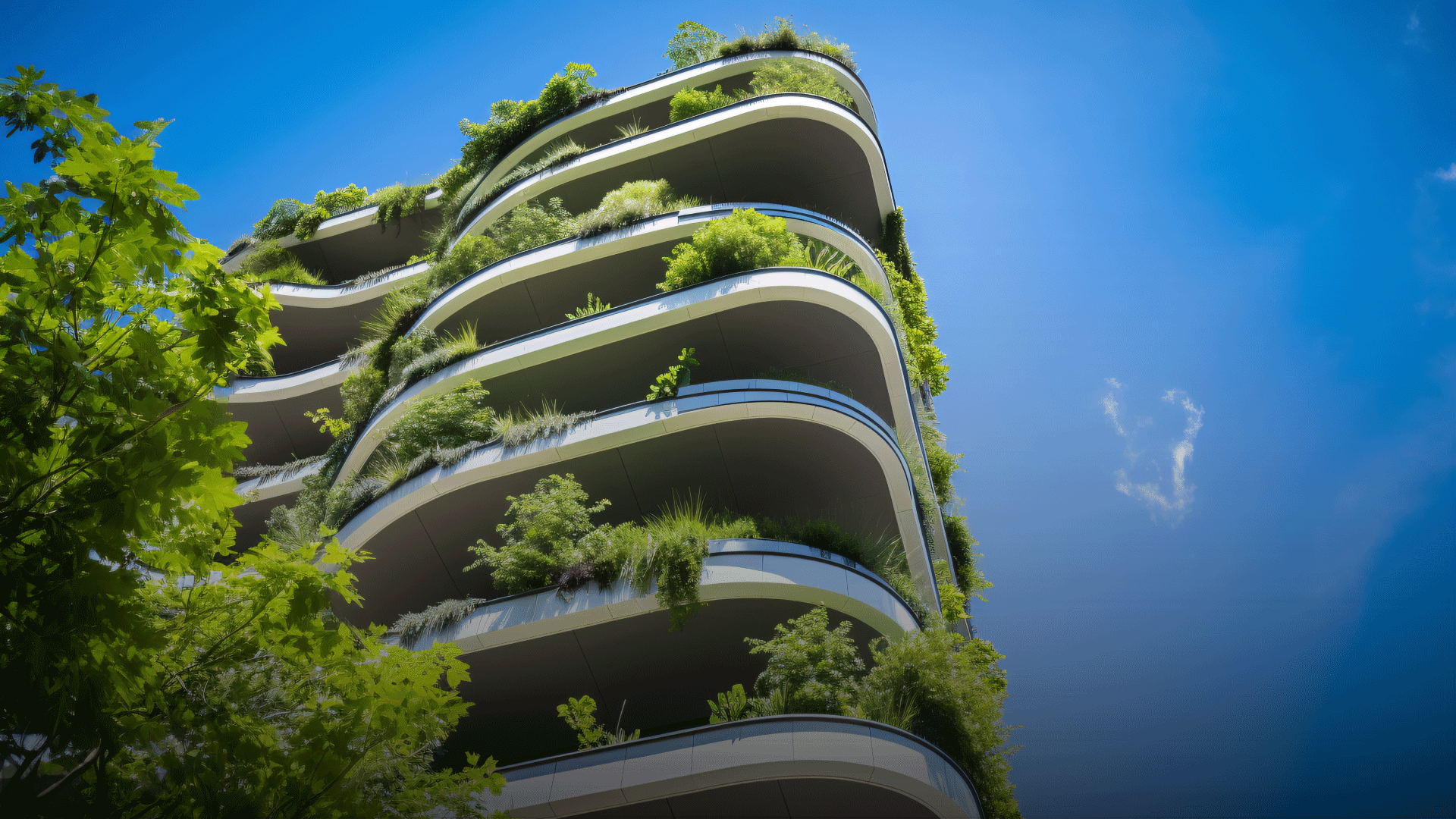 Image of a building sprawling with plants, to indicate green housing or gree building.